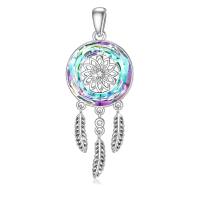 wholesale 925 Sterling Silver Dreamcatcher Feather Pendant Necklaces with Austrian Crystals for Women and Girls-Dream Catcher Without Chain