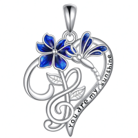 wholesale 925 Sterling Silver Blue Flower Heart Pendant Necklace with Engraved Message You Are My Sunshine - Gifts for Her-Dragonfly Necklace Without Chain