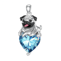 wholesale 925 Sterling Silver Happy Hugging Dog Heart Shape Blue Crystals Pendant Necklace-12-Dec-Topaz Without Chain