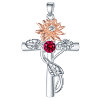 wholesale 925 Sterling Silver Cross Pendant With Red Gemstone And Lily Design-7-July-Lotus Without Chain