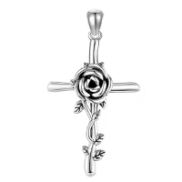 wholesale 925 Sterling Silver Cross Pendant Necklace with Rose Flower and Vine Design - Christian  for Women-Black Rose Without Chain