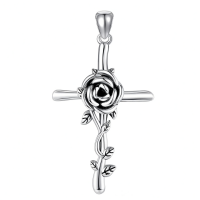 wholesale 925 Sterling Silver Rose Flower Cross Pendant Necklace With Chain For Women-Black Rose Without Chain