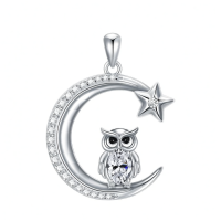 wholesale 925 Sterling Silver & 14K Gold Plated Moon Star Owl Pendant Necklace with CZ Stones - 36cm Chain Length-Owl Moon Pendant Without Chain