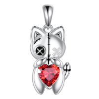 wholesale 925 Sterling Silver Gothic Cat Pendant Necklace with Red Heart Stone Witchy Jewelry for Women Men-Voodoo Cat Without Chain