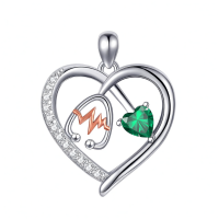 wholesale 925 Sterling Silver Gemstone Heart Stethoscope Pendant Necklace for Women-A5:May-Emerald Without Chain