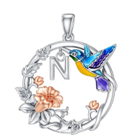 wholesale 925 Sterling Silver Hummingbird & Flower Pendant Necklaces for Women Girls Gifts Alphabet Initial Letter P Charm Chain Jewelry Set Blue Purple Yellow Gold Tone Enamel Colorful Artistic Design-N Without Chain