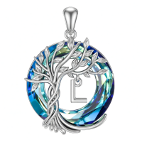 wholesale 925 Sterling Silver Blue Crystal Tree of Life Initial Necklace Family Letter Pendant Birthday Mother s Day Gifts for Her-Tree of Life L Initial Without Chain