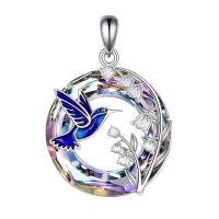 wholesale 925 Sterling Silver Platinum Plated Blue Hummingbird Lily Of The Valley Crystal Pendant Necklace-C-Hummingbird Without Chain