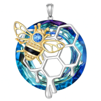 wholesale 925 Sterling Silver Two Tone Bee Honeycomb Blue Crystal Zircon Pendant Necklace-Bee-Blue Without Chain