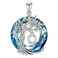 wholesale 925 Sterling Silver Blue Crystal Tree of Life Initial Necklace Family Letter Pendant Birthday Mother s Day Gifts for Her-Tree of Life O Initial Without Chain