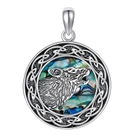 wholesale 925 Sterling Silver Wolf Head Abalone Shell Celtic Knot Round Pendant Necklace for Women Animal Lovers Gift-wolf Without Chain