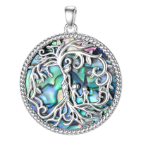 wholesale 925 Sterling Silver Family Tree Pendant Necklace Wholesale With Blue Enamel Detailing-Abalone Shell-2 Children Without Chain