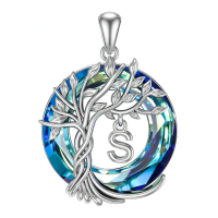 wholesale 925 Sterling Silver Blue Crystal Tree of Life Initial Necklace Family Letter Pendant Birthday Mother s Day Gifts for Her-Tree of Life S Initial Without Chain