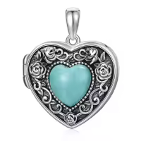 wholesale 925 Sterling Silver Turquoise Heart Shaped Pendant Necklaces Wholesale with Rose Pattern and Chain for Women -locket necklace-customize photos Without Chain