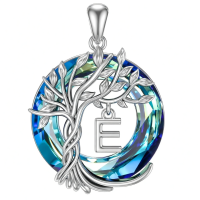 wholesale 925 Sterling Silver Blue Crystal Tree of Life Initial Necklace Family Letter Pendant Birthday Mother s Day Gifts for Her-Tree of Life E Initial Without Chain