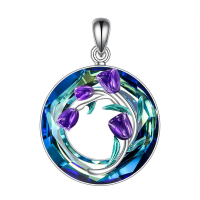 wholesale 925 Sterling Silver Purple Tulips Necklace with Moonstone and Crystal Cross Flower Jewelry for Mother's Day Gifts-blue crystal Without Chain