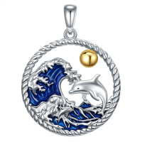 wholesale 925 Sterling Silver Dolphin Ocean Wave Pendant Necklace with Gold Ball Charm-Dolphin Without Chain