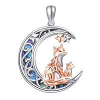 wholesale 925 Sterling Silver Crescent Moon Fox Pendant Necklace-2 Fox Without Chain