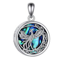 wholesale 925 Sterling Silver Round Abalone Shell Phoenix Dragon Locket Necklace Pendant-phoenix urn necklace Without Chain
