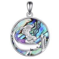 wholesale 925 Sterling Silver Round Abalone Shell Mermaid Pendant Necklace with Shark and Evil Eye Charm for Women-Mermaid Necklace Without Chain