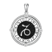 wholesale 925 Sterling Silver Zodiac Sign Pendant Necklace Wholesale With Black Enamel And Crystal Accents-Capricorn Without Chain