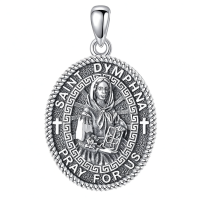 wholesale 925 Sterling Silver Oxidized Saint Dymphna Pray For Us Oval Medal Pendant Necklace-St Dymphna Without Chain
