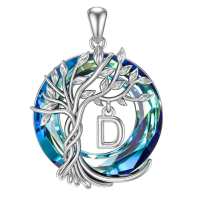 wholesale 925 Sterling Silver Blue Crystal Tree of Life Initial Necklace Family Letter Pendant Birthday Mother s Day Gifts for Her-Tree of Life D Initial Without Chain