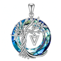 wholesale 925 Sterling Silver Blue Crystal Tree of Life Initial Necklace Family Letter Pendant Birthday Mother s Day Gifts for Her-Tree of Life V Initial Without Chain