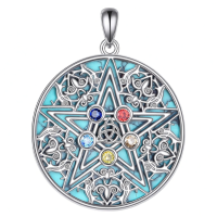wholesale 925 Sterling Silver Round Pendant with Turquoise and Multi-Colored Stones - 6 Pointed Star of David Necklace for Men & Women-Pentagram Without Chain