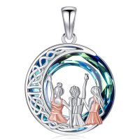 wholesale 925 Sterling Silver Round Celtic Knot Design with Three Girls Dancing in Blue and Green Swarovski Crystals Necklace for Women-Crystal-3 Sisters Without Chain