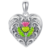 wholesale 925 Sterling Silver Heart Pendant With Pink Thistle Flower Design-Scottish Thistle Without Chain