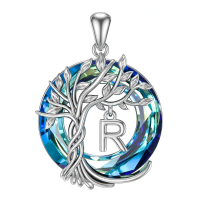wholesale 925 Sterling Silver Blue Crystal Tree of Life Initial Necklace Family Letter Pendant Birthday Mother s Day Gifts for Her-Tree of Life R Initial Without Chain