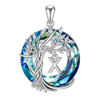 wholesale 925 Sterling Silver Blue Crystal Tree of Life Initial Necklace Family Letter Pendant Birthday Mother s Day Gifts for Her-Tree of Life X Initial Without Chain