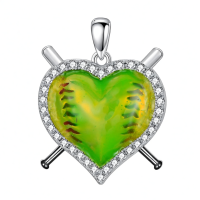 wholesale 925 Sterling Silver Green Softball Heart Crossed Bats Cz Halo Pendant Necklace-Softball Necklace Without Chain