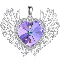 wholesale 925 Sterling Silver Purple Crystal Angel Wing Heart Pendant Necklace  for Women-Angel Wings Heart-2 Without Chain