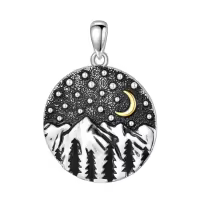 wholesale 925 Sterling Silver Round Moon & Mountains Necklace - Vintage Nature Jewelry for Women-Round mountain necklace Without Chain