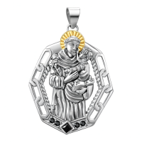 wholesale 925 Sterling Silver Saint Anthony Pendant with Black Cubic Zirconia and Gold Halo Chain Necklace for Women & Men Catholic Gift-St Anthony-A Without Chain