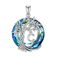 wholesale 925 Sterling Silver Blue Crystal Tree of Life Initial Necklace Family Letter Pendant Birthday Mother s Day Gifts for Her-Tree of Life C Initial Without Chain