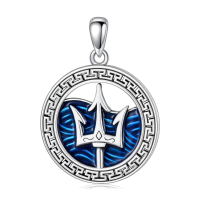 wholesale 925 Sterling Silver Trident Pendant Necklace with Blue Enamel Waves and Greek Key Design - Ocean Inspired Jewelry for Women & Men-Trident Necklace Without Chain