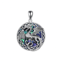 wholesale 925 Sterling Silver Oxidized Round Celtic Dragon Pendant Necklace with Blue Abalone Shell Inlay for Women's -celtic dragon necklace with Abalone Shell Without Chain