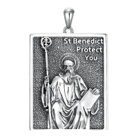 wholesale 925 Sterling Silver Rectangle Pendant with Saint Benedict Protection Charm on 3mm Box Chain Necklace for Men Women  (Silver)-C1.Saint Benedict(rectangle) Without Chain