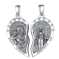 wholesale 925 Sterling Silver Heart Pendant With Saint Joseph And Protect Us Design-Saint Joseph and Miraculous Medal Without Chain