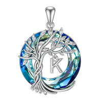 wholesale 925 Sterling Silver Blue Crystal Tree of Life Initial Necklace Family Letter Pendant Birthday Mother s Day Gifts for Her-Tree of Life K Initial Without Chain