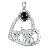 wholesale 925 Sterling Silver 925 Black Agate Highland Cow Heart Pendant Necklace Scottish Style s for Women and Girls-Cow-Mom&Child-I love you 100 languages-Cow-Mom&Child-I love you 100 languages-Photo Without Chain