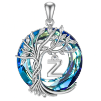 wholesale 925 Sterling Silver Blue Crystal Tree of Life Initial Necklace Family Letter Pendant Birthday Mother s Day Gifts for Her-Tree of Life Z Initial Without Chain