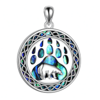 wholesale 925 Sterling Silver Bear Paw Abalone Shell Inlay Round Pendant Necklace for Women-Silver bear necklace Without Chain