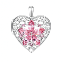 wholesale 925 Sterling Silver Pink Crystal Flower Heart Lockets Pendant Necklaces for Women and Girls with Adjustable Chain (Length: 46-73cm)-E-Flower Locket+Photo+Text-E-Flower Locket only-E-Flower Locket+Photo Without Chain