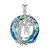wholesale 925 Sterling Silver Blue Crystal Tree of Life Initial Necklace Family Letter Pendant Birthday Mother s Day Gifts for Her-Tree of Life N Initial Without Chain
