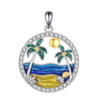 wholesale 925 Sterling Silver Tropical Beach Pendant-Palm Tree Beach Without Chain