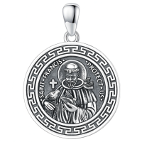 wholesale 925 Sterling Silver Round Pendant with Saint Francis Design and Greek Key Border - 3D Relief Protection Charm Necklace for Men Women Boys Girls  (Silver)-Necklace Without Chain